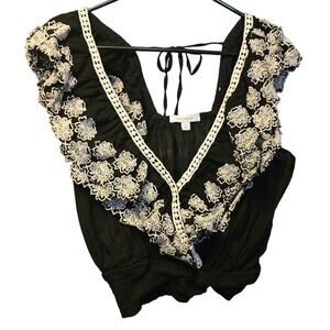Monograph floral embroidered faux wrap crop top size small